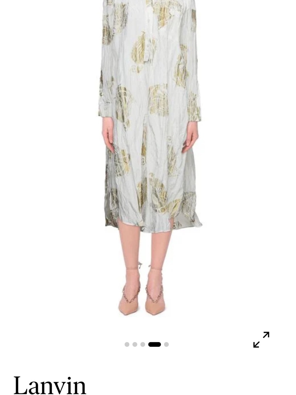 Lanvin White and Gold Printed Crinkled Midi Dress